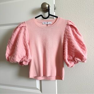 Zara Mesh Detail Sleeves Knit Top Pink Cropped Top With Textured Puffy Sleeves